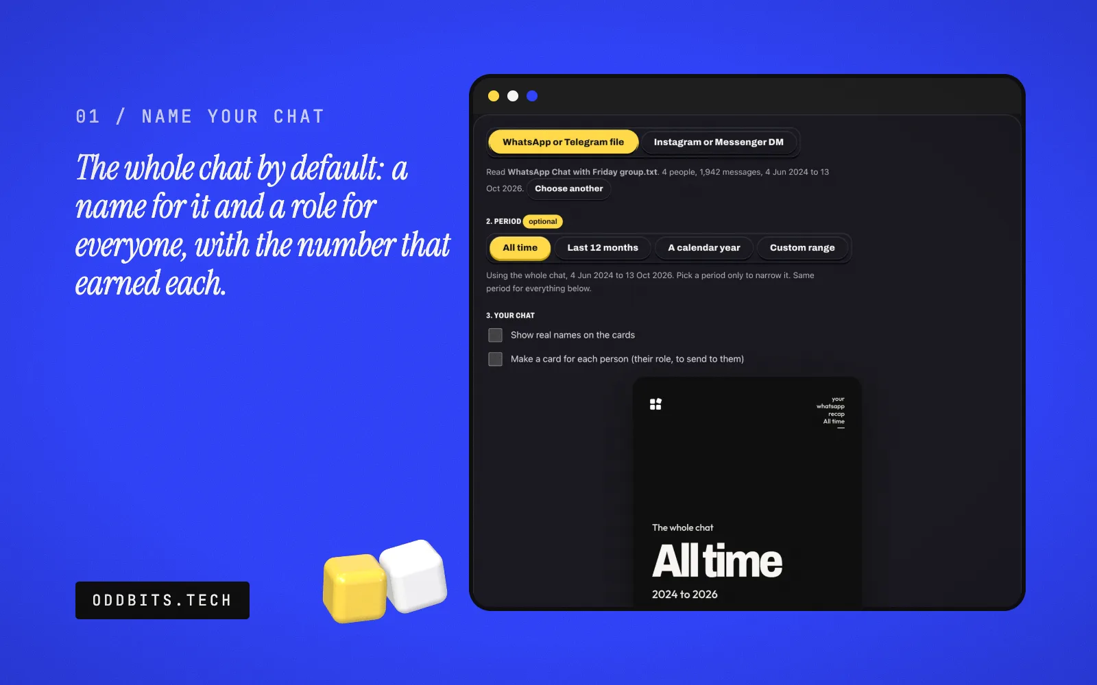 Name your chat with a made-up chat read: the whole chat by default, the optional period picker, and the name and a role for everyone (dark browser frame)