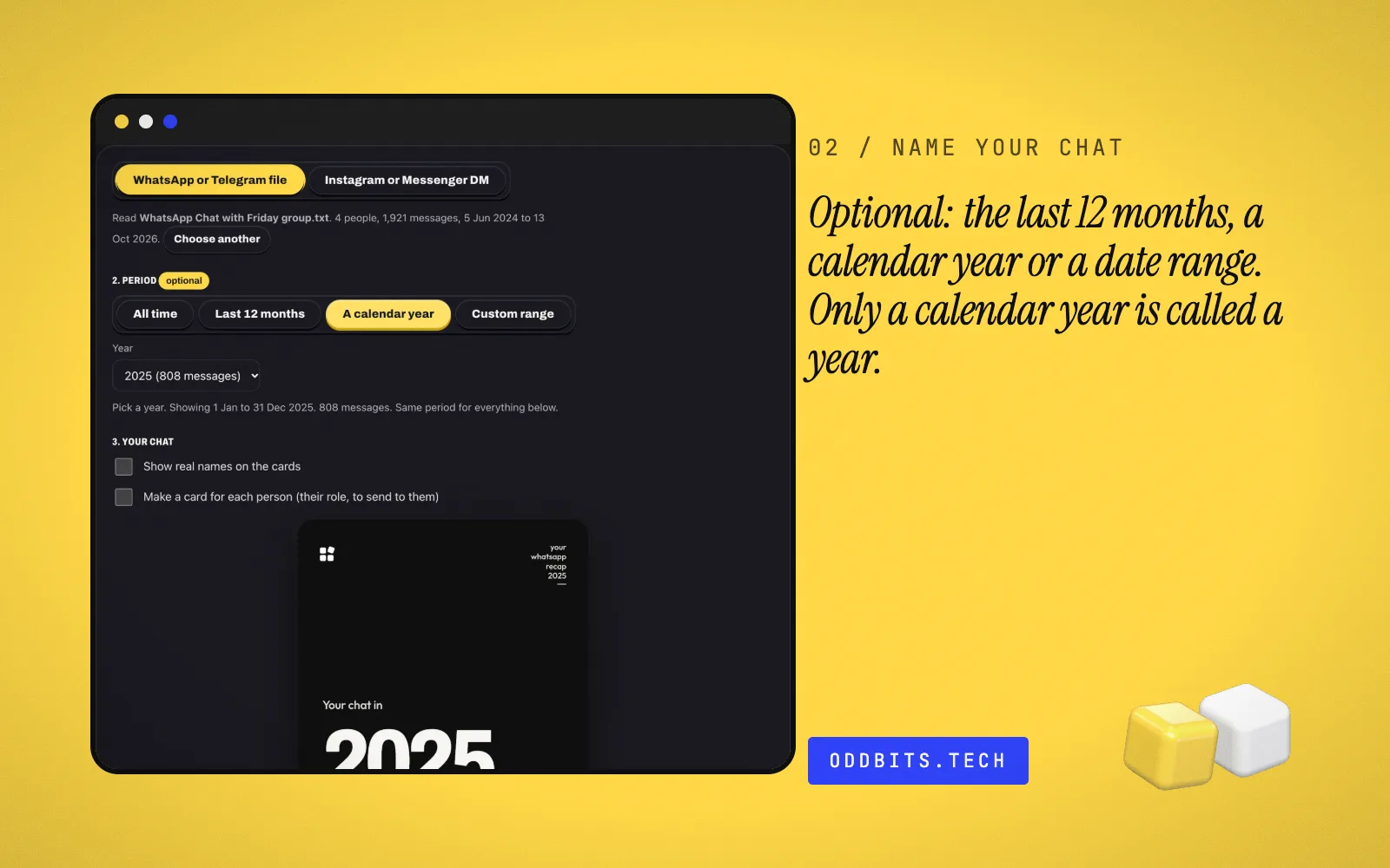 Name your chat with the period picker set to a calendar year, 2025, and the cards now saying Your chat in 2025