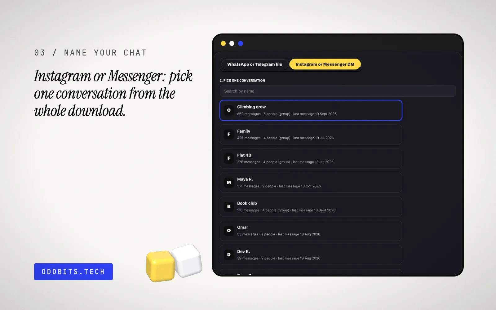 Name your chat reading a made-up Instagram download: conversations to pick from, one selected