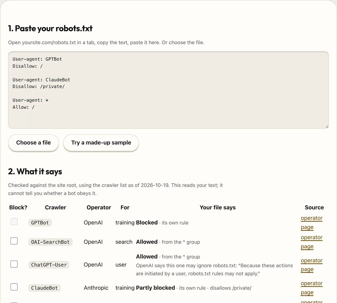 AI Crawler Check showing which AI crawlers a sample robots.txt allows or blocks