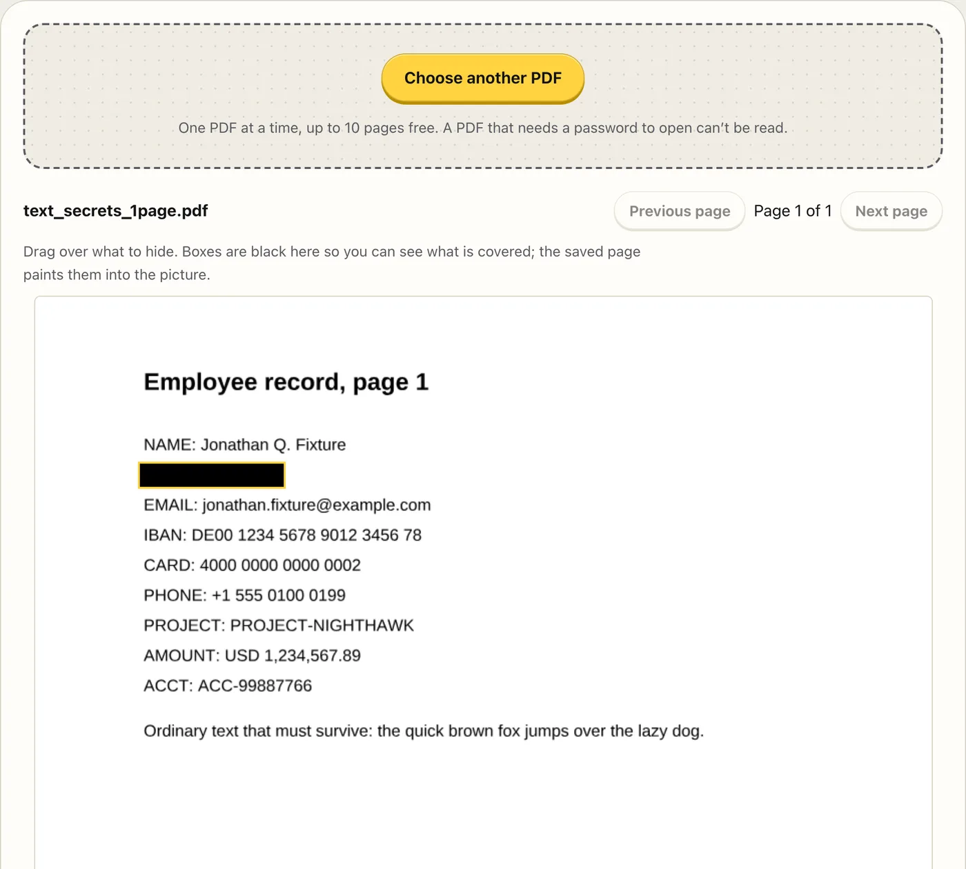 PDF Redactor with a made-up PDF open and one search match covered by a black box