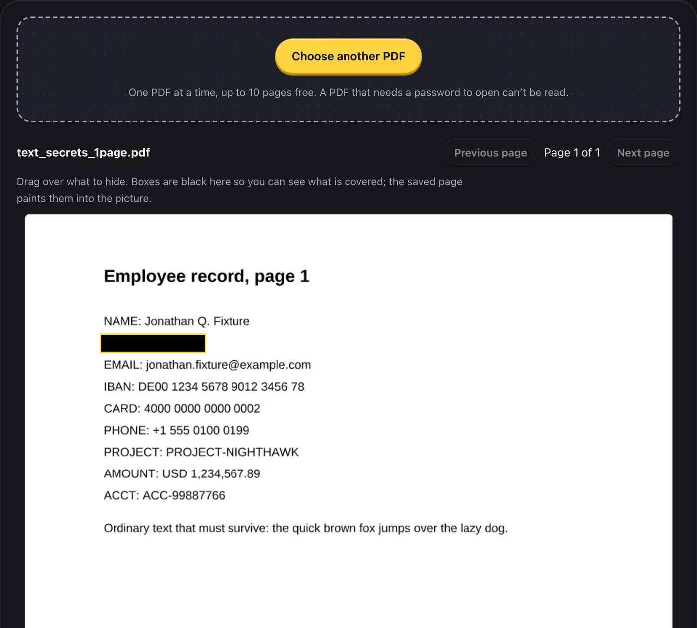PDF Redactor with a made-up PDF open and one search match covered by a black box