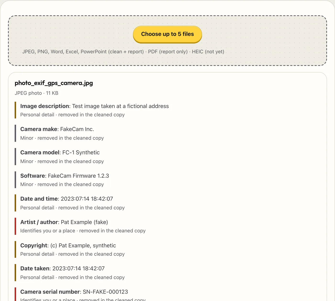 Privacy Leak Check listing the hidden details in a photo and a Word document