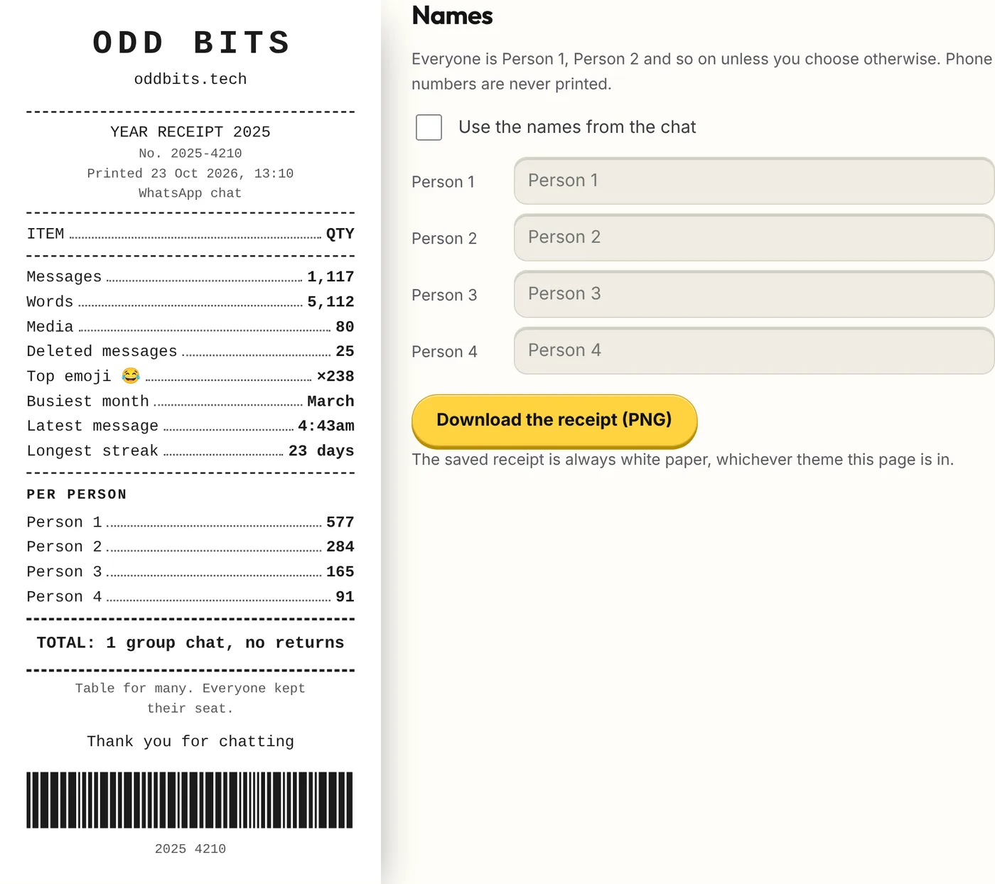Year Receipt showing a made-up group chat as a shop receipt, with the names list beside it
