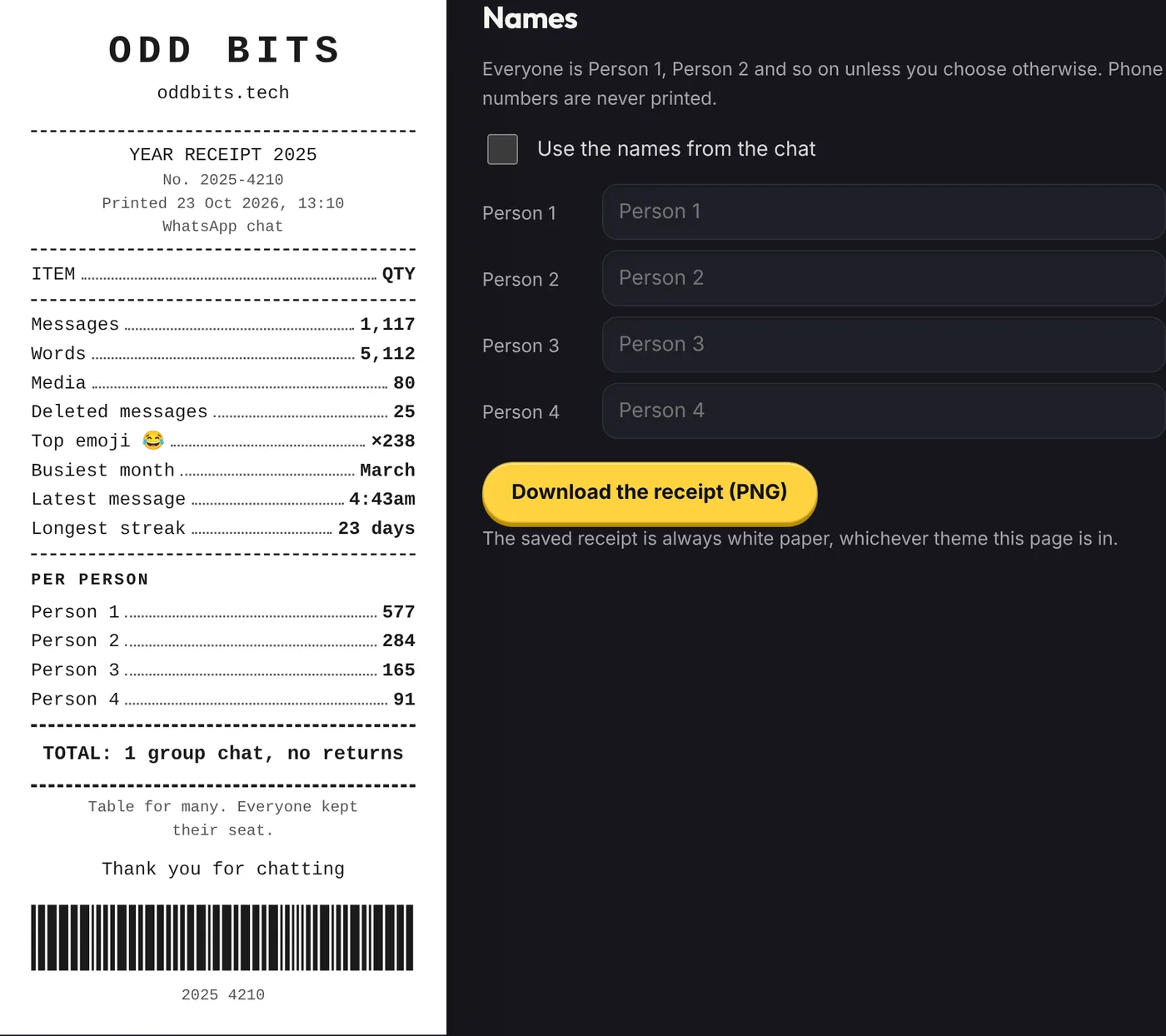 Year Receipt showing a made-up group chat as a shop receipt, with the names list beside it
