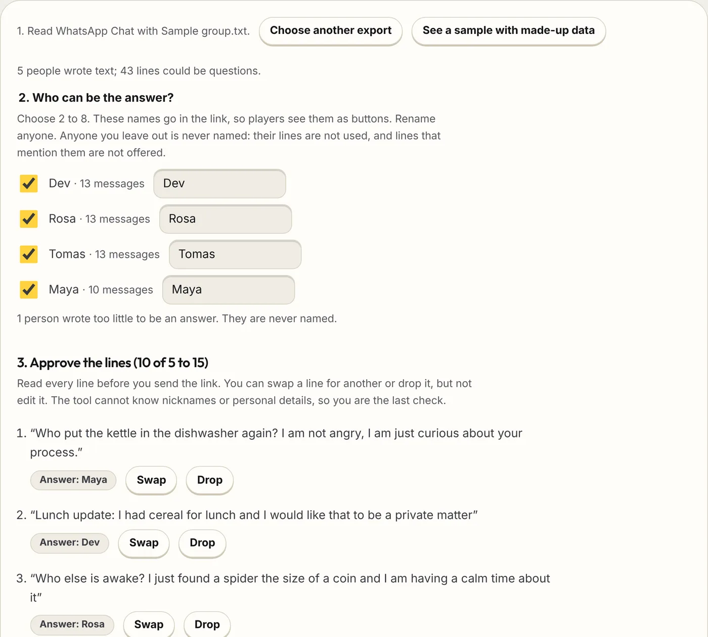 Who Said It? with a made-up sample chat read: four people as answers, and the suggested lines to approve