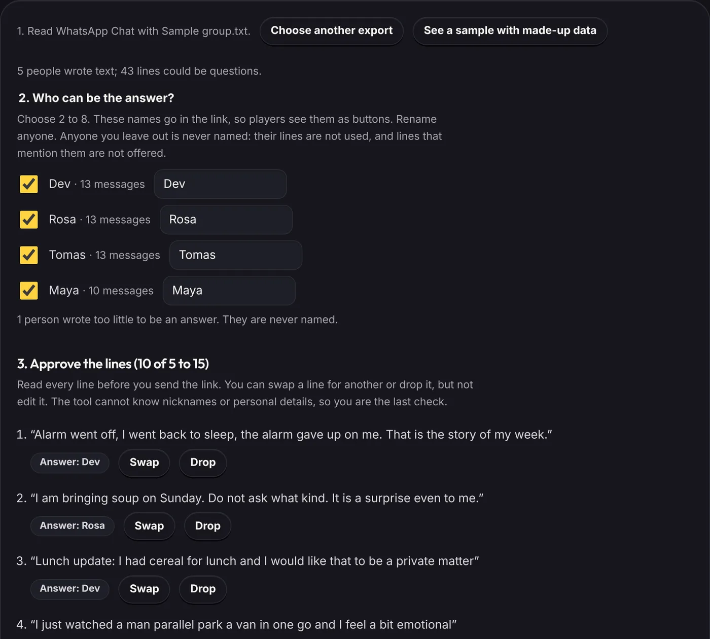 Who Said It? with a made-up sample chat read: four people as answers, and the suggested lines to approve