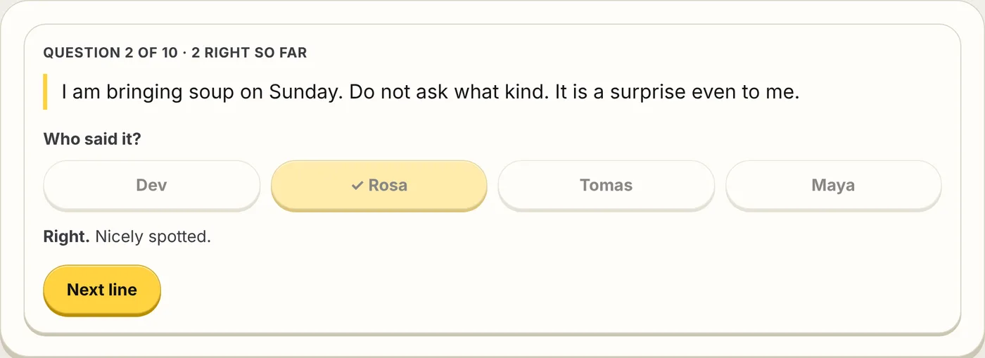 Who Said It? as a player, part way through a quiz: a line from the chat, four people to tap, and the answer shown