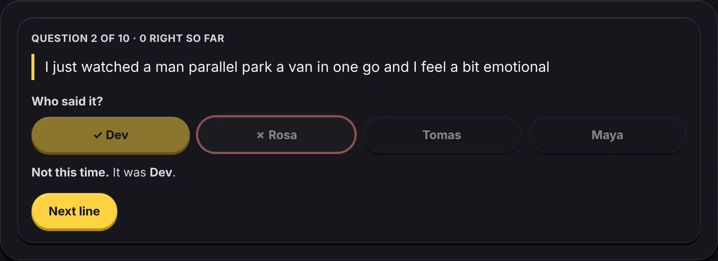 Who Said It? as a player, part way through a quiz: a line from the chat, four people to tap, and the answer shown